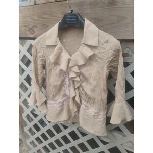 M Vintage Y2K Romantic Fairycore Ruffle Blouse Sheer Victorian Bell Sleeve Lace